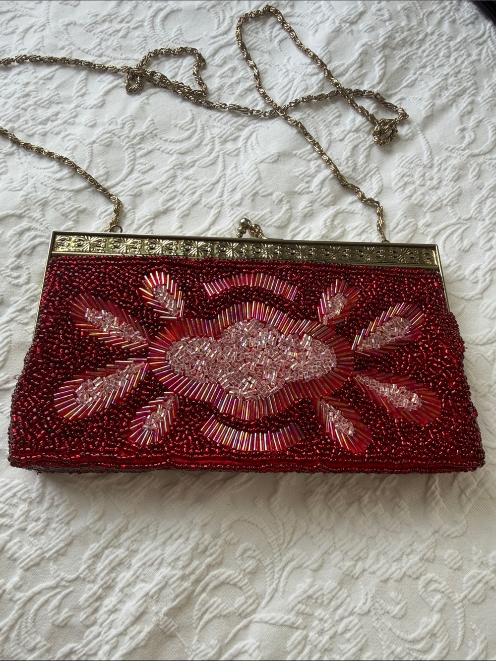 Beaded Red Evening Clutch with Gold Chain